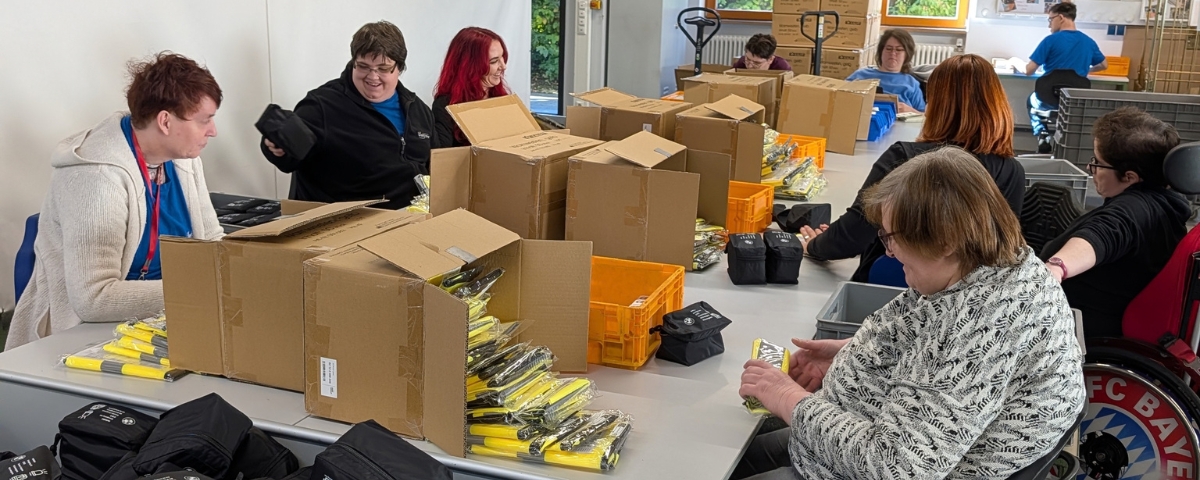 Beschäftigte und Gäste arbeiten gemeinsam an langen Tischen in einem hellen Werkstattraum. Zwischen zahlreichen Kartons, Kisten und verpackten Produkten werden Materialien sortiert, kontrolliert und verpackt. Im Hintergrund sind weitere Arbeitsplätze und Verpackungsmaterial zu sehen.