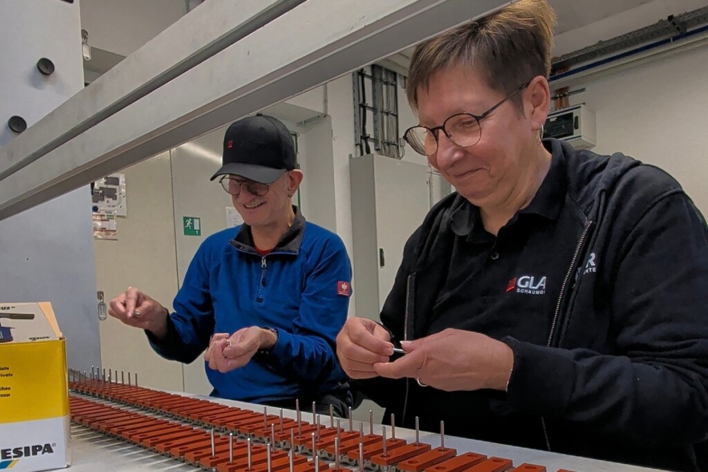Zwei Beschäftigte arbeiten an einem Montagearbeitsplatz in der Werkstätte. Vor ihnen befindet sich eine lange Reihe roter Bauteile mit Metallstiften, die im Rahmen eines Produktionsschritts bearbeitet oder kontrolliert werden. Im Hintergrund sind technische Einrichtungen und weitere Arbeitsbereiche der Werkstätte zu sehen.