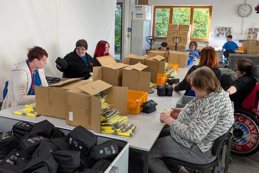 Beschäftigte und Gäste arbeiten gemeinsam an langen Tischen in einem hellen Werkstattraum. Zwischen zahlreichen Kartons, Kisten und verpackten Produkten werden Materialien sortiert, kontrolliert und verpackt. Im Hintergrund sind weitere Arbeitsplätze und Verpackungsmaterial zu sehen.